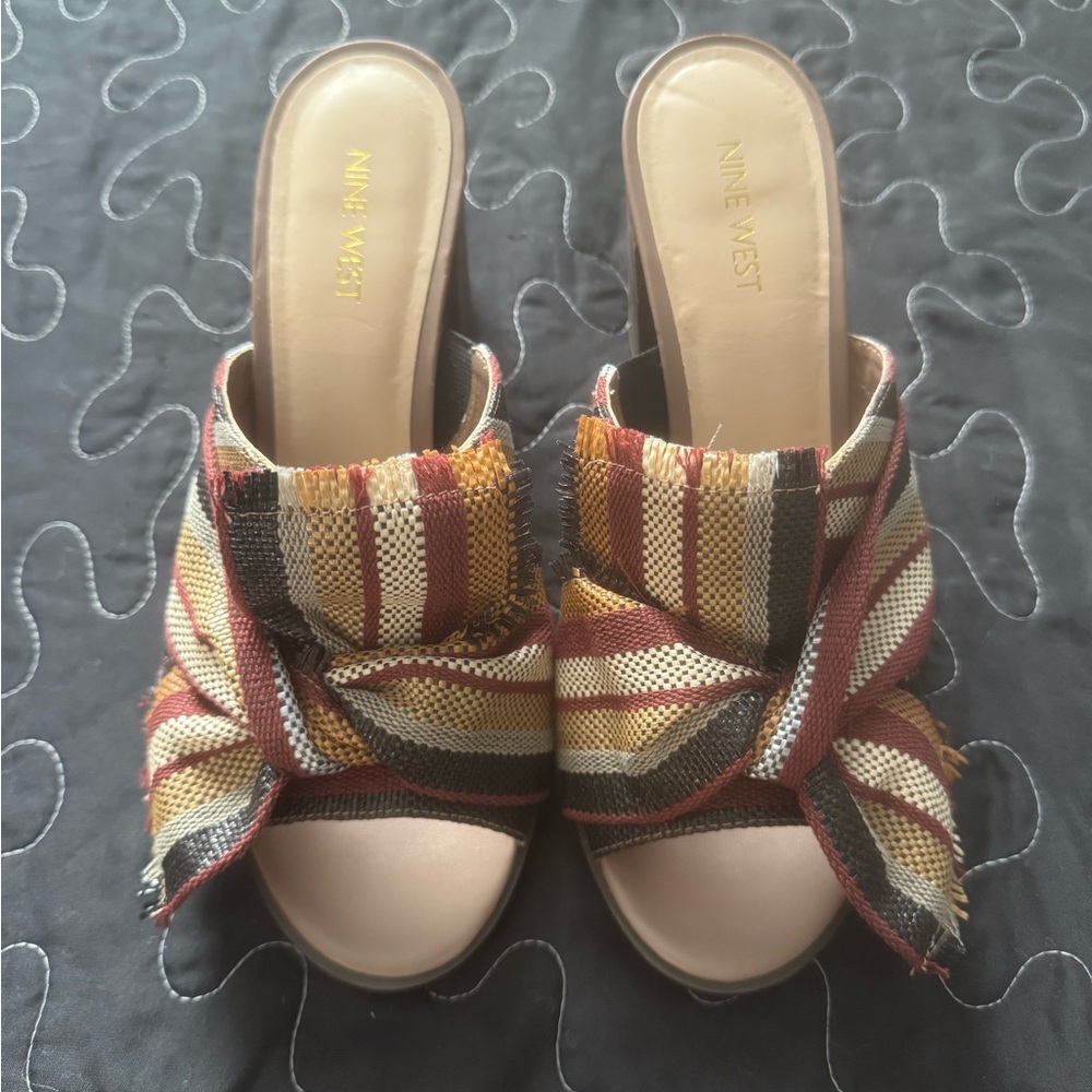 Nine West Byron Striped Bow Block Heeled Slide On Sandal Open Toe 9M
